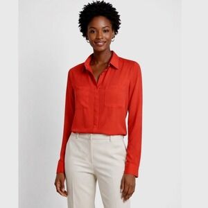 Ann Taylor LOFT Orange Long Sleeve Button Down Blouse Shirt S Preppy‎ 58-07